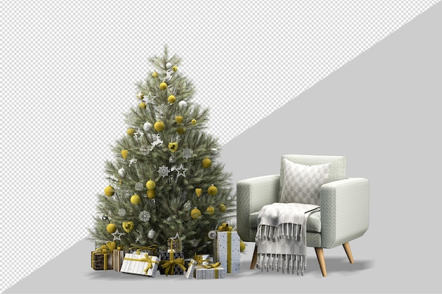 Árbol de Navidad y sillón en renderizado 3d