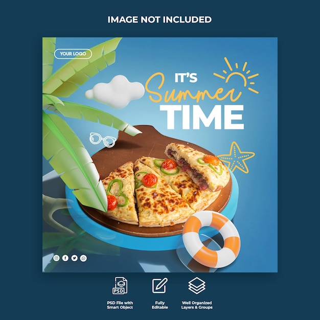 Árboles tropicales con sombrilla en renderizado 3d para publicación de comida en redes sociales