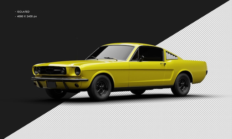 PSD realista aislado metálico amarillo deporte clásico muscle car desde la vista delantera izquierda