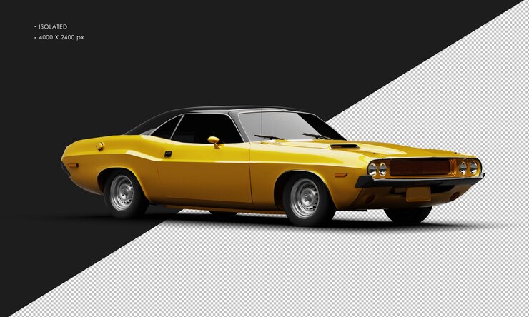 PSD realista aislado metálico naranja clásico deportivo muscle car desde la vista delantera derecha