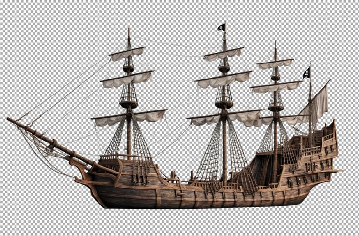 PSD realista antiguo barco pirata navegando por las olas