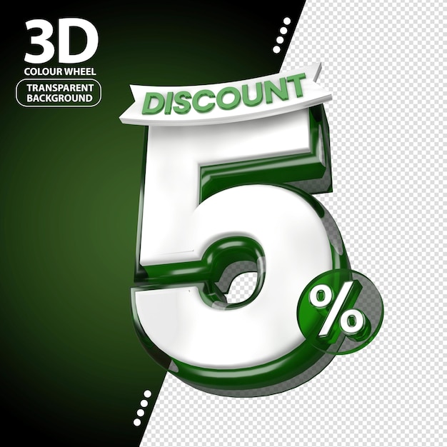 Realista brillante 5 por ciento símbolo número 3d render concepto descuento de compras estacionales con color