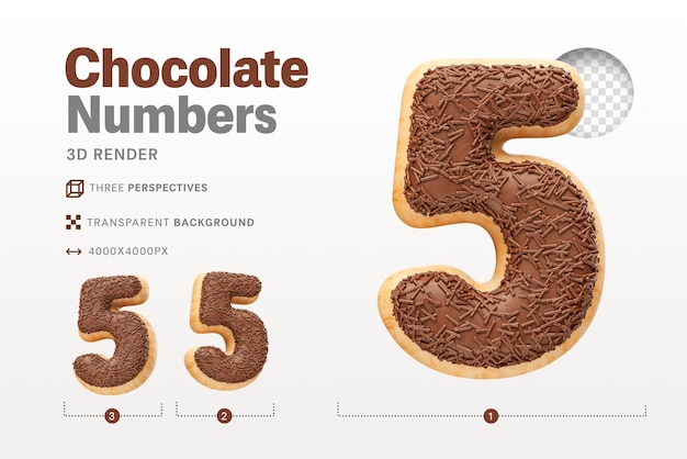 Realista número 5 con forma de donuts de chocolate en 3d render con fondo transparente
