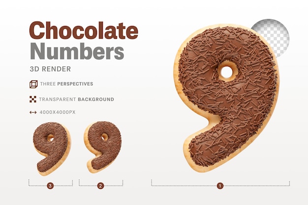 Realista número 9 con forma de donuts de chocolate en 3d render con fondo transparente