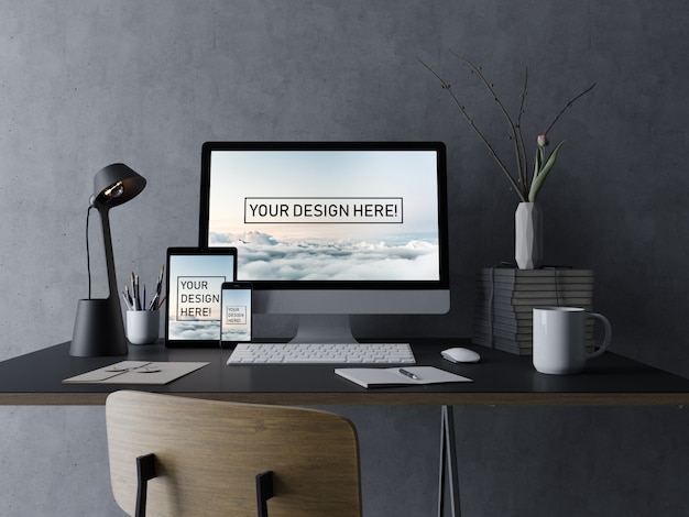PSD realista la plantilla de diseño de pc de escritorio, almohadilla de tableta y maqueta de teléfono con pantalla editable en negro interior mínimo