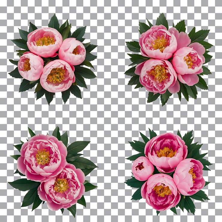 PSD realistas flores de peonía rosa con hojas verdes conjunto de 4 ilustraciones florales de png en fondo transparente