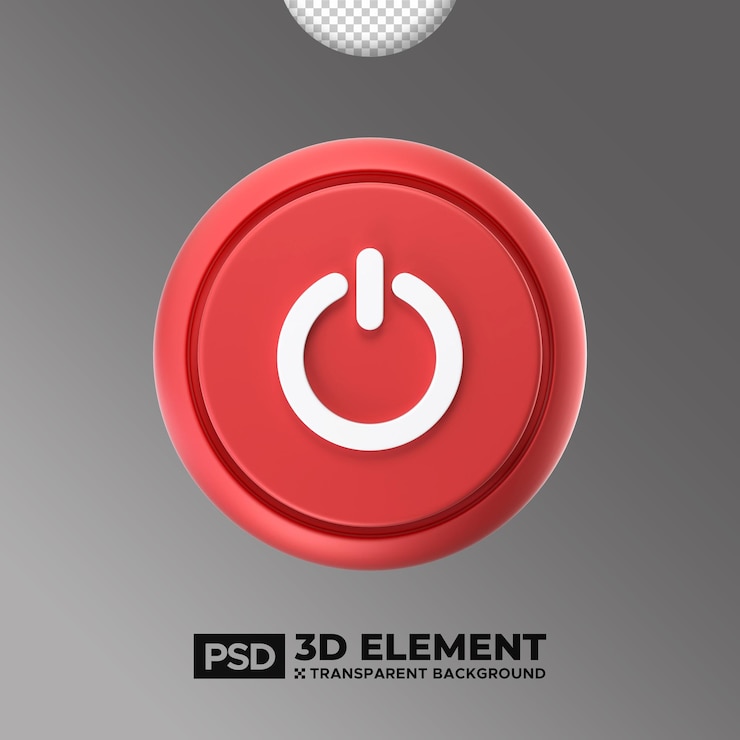 PSD realistic 3d design element red power push button with shadow round shutdown on off icon