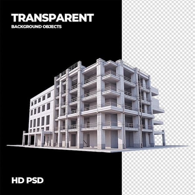 realistic 3d render of a modern concrete building with transparent background