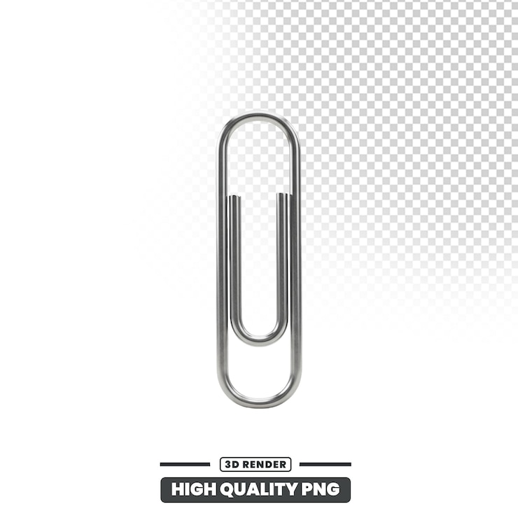 PSD realistic 3d render of a silver paperclip