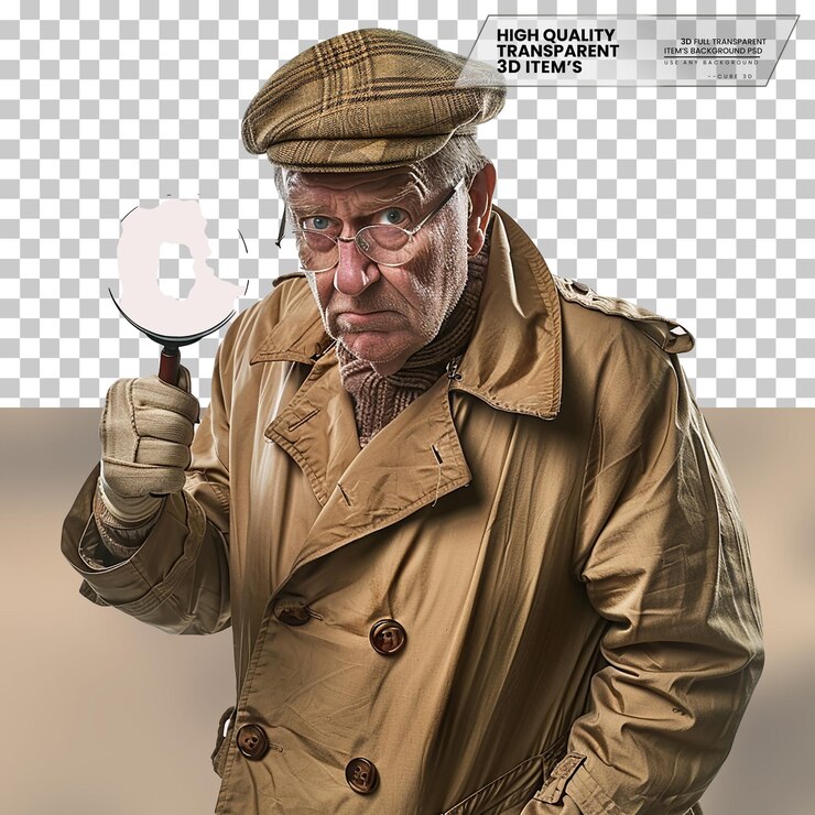 PSD realistic detective with a serious expression on transparent background