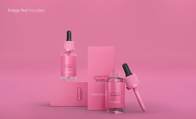 Realistic dropper bottle with box mockup design isolated render