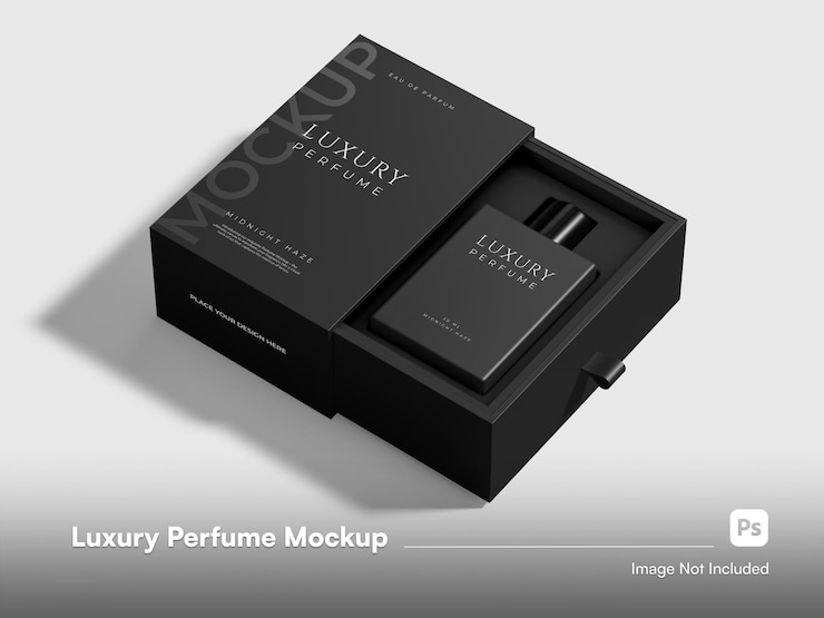 PSD realistic high level perfume inside slide box packaging mockup isolated