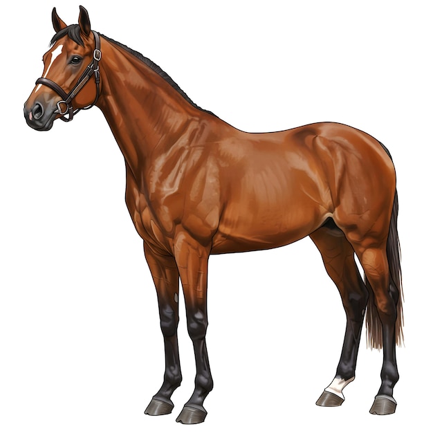 Realistic horse in white background and a thoroughbred horse standing against a white background