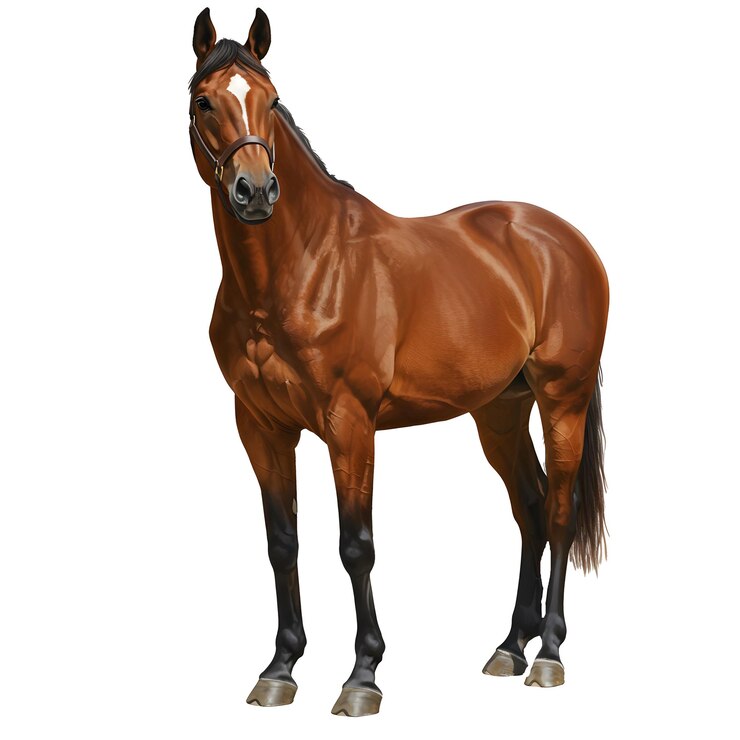 PSD realistic horse in white background and a thoroughbred horse standing against a white background