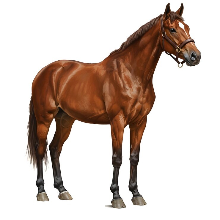 PSD realistic horse in white background and a thoroughbred horse standing against a white background