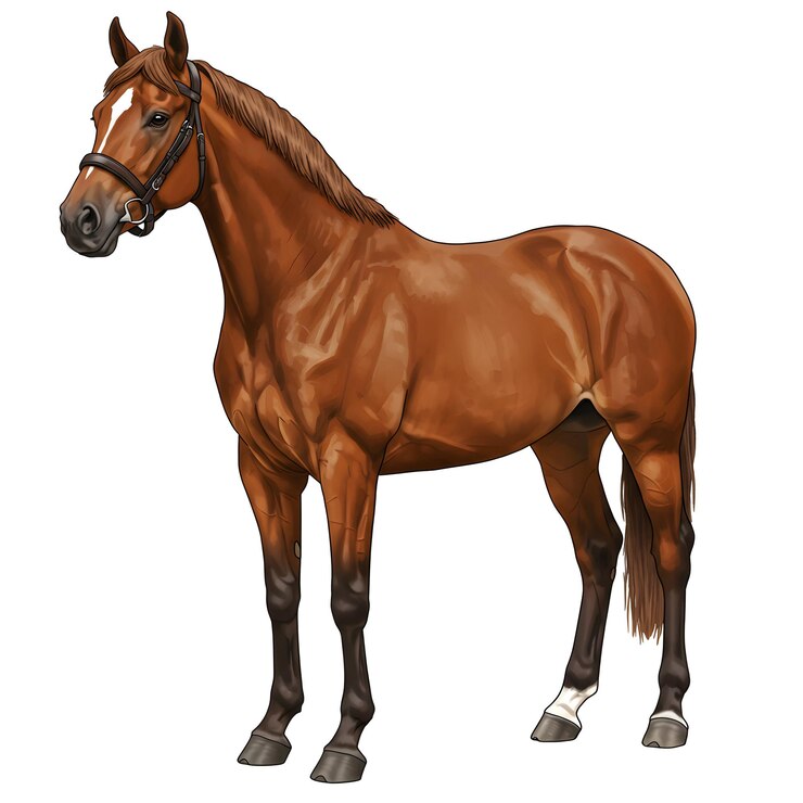 PSD realistic horse in white background and a thoroughbred horse standing against a white background
