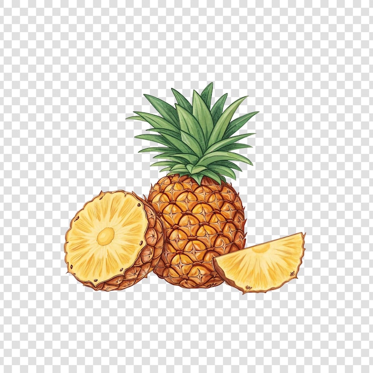 PSD realistic illustration of a ripe pineapple partially sliced on a transparent background