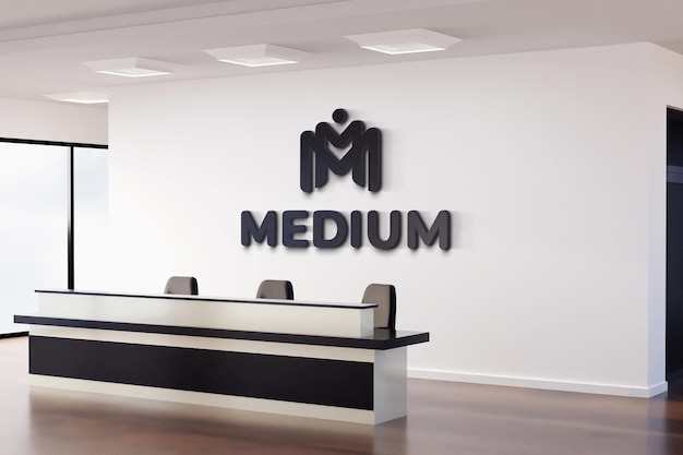 Realistic logo black logo mockup sign office white wall