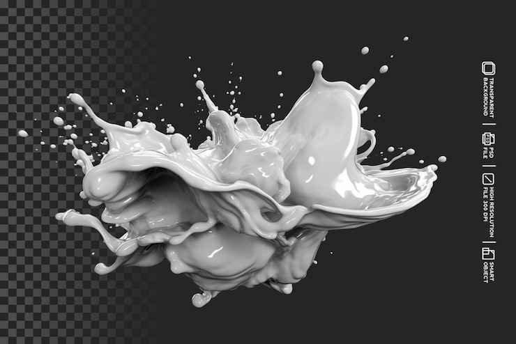 PSD realistic milk splashes or wave with drops and splatters liquid isolated in transparent background