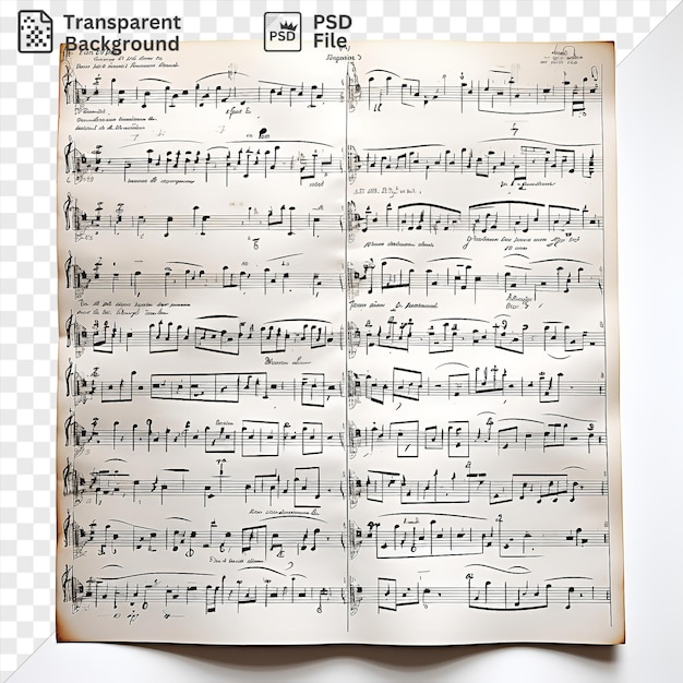 PSD realistic photographic composers sheet music displayed on a white surface with a pen and a ruler placed on top