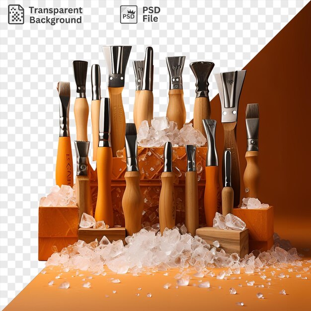 PSD realistic photographic snow sculptors chisels are displayed on a wooden block against an orange wall accompanied by a variety of knives in silver black and wood finishes