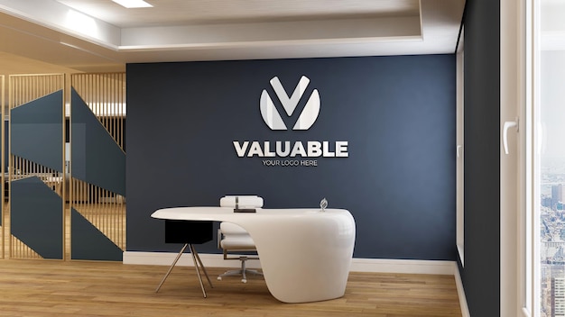 realistico logo 3d mockup nella stanza della reception dell'ufficio con tavolo bianco pulito