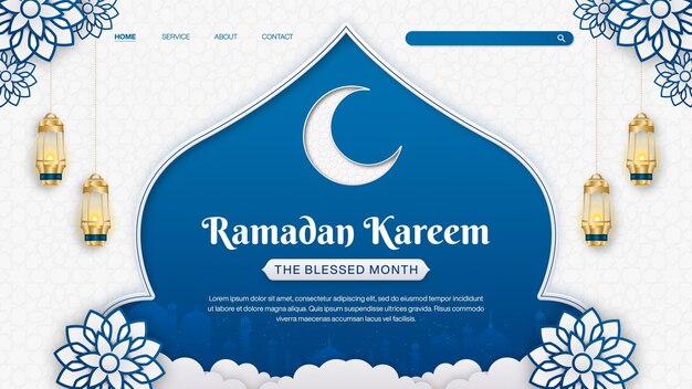 Realistico modello di pagina di destinazione di Ramadan Kareem con sfondo islamico