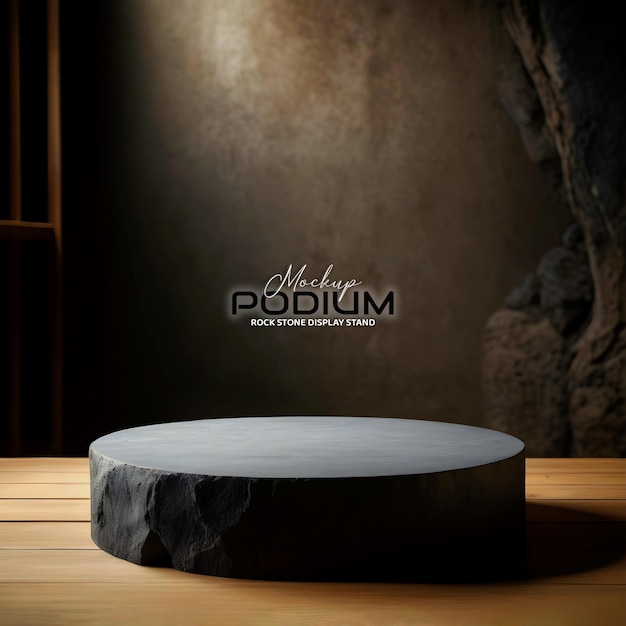 Realistico modello di podio in pietra rotonda 3D su tavolo di legno sullo sfondo oscuro di un antico studio