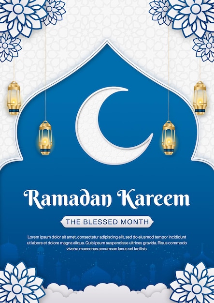 Realistico modello di poster di Ramadan Kareem con sfondo islamico
