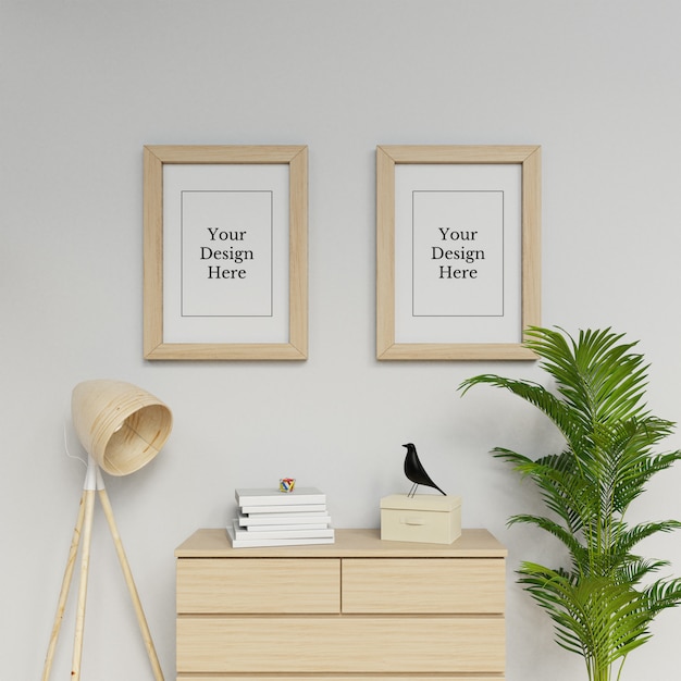 Realistico ritratto di due A2 Poster Frame Mock Up Design Hanging Portrait In Modern Space