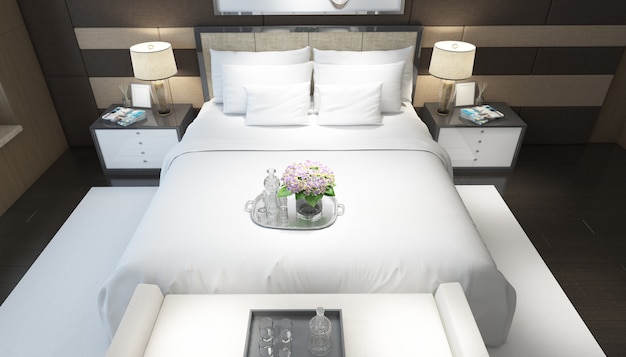 realistisch helles modernes Doppelzimmer mit Möbeln
