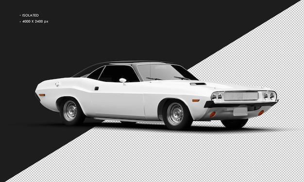 Realistisch isolierter metallweißer klassischer Sportmuskelwagen aus der rechten Vorderseite
