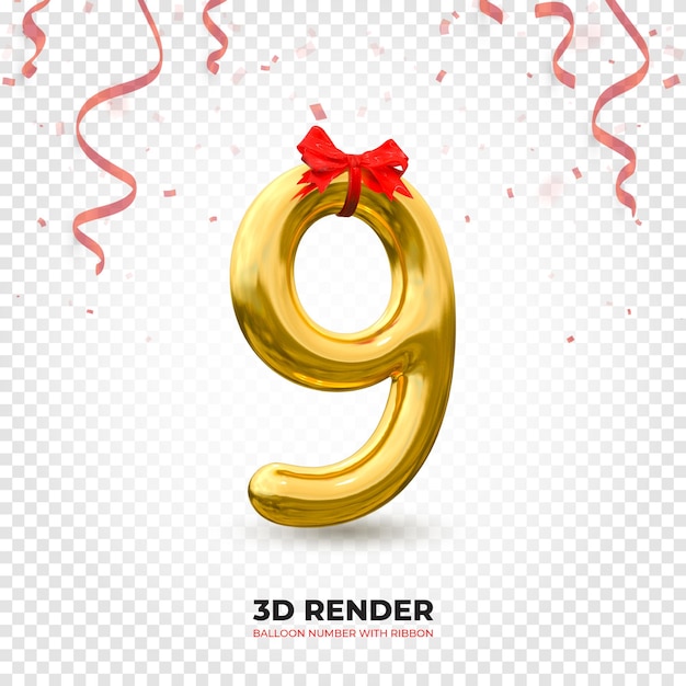 Realistische 3d-darstellung des goldenen ballons nummer 9 mit premium-psd-band