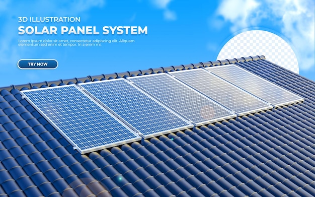 PSD realistische 3d-darstellung solaranlage auf dem dach mit himmelshintergrund