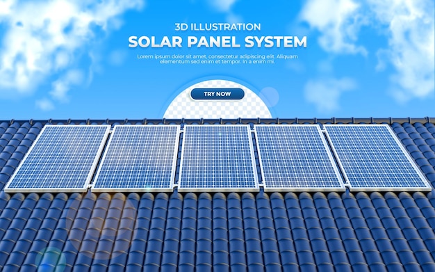 Realistische 3D-Darstellung Solaranlage auf dem Dach mit Himmelshintergrund