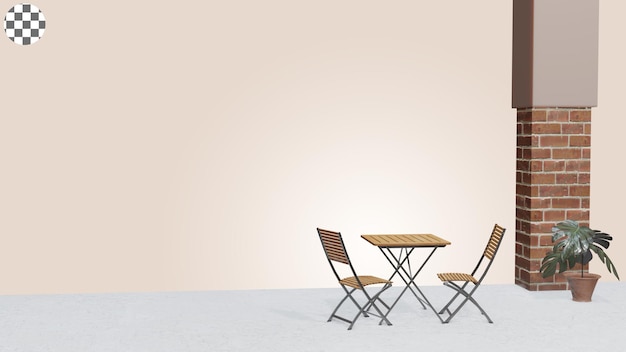 Realistische 3D-Darstellung von Gartenstühlen und Tisch mit Dekorationspflanzen