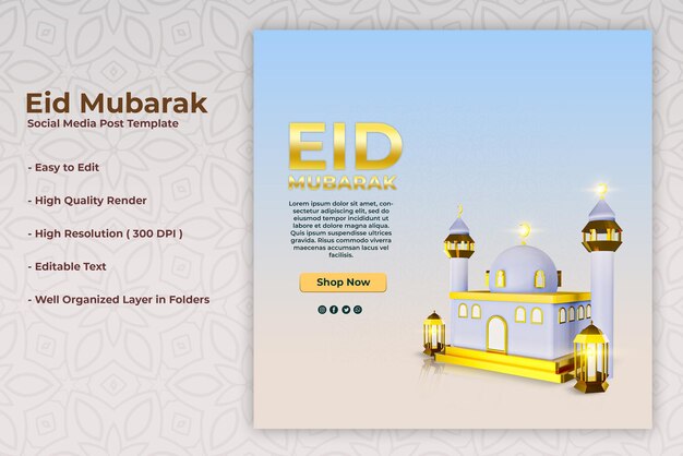 Realistische 3d-eid-social-media-beitragsvorlage