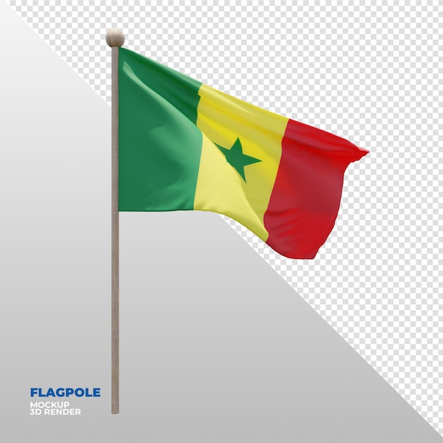 Realistische 3d-texturierte fahnenstange flagge senegals