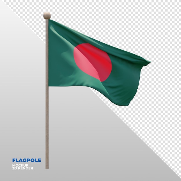 Realistische 3d-texturierte fahnenstange flagge von bangladesch
