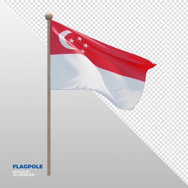 PSD realistische 3d-texturierte fahnenstange flagge von singapur