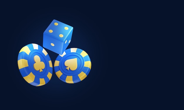 PSD realistische blaue gold-pokerchips mit token-würfeln im 3d-casino-design