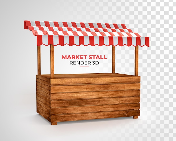 PSD realistische darstellung des leeren marktstandes mit rot-weiß gestreiftem rendering
