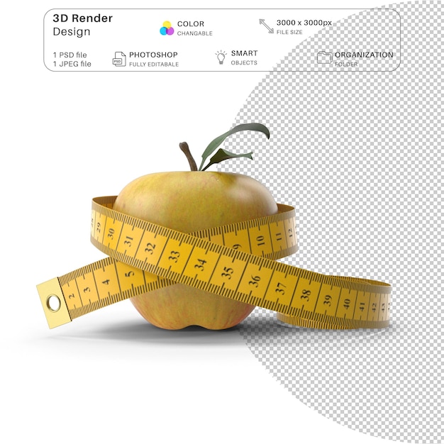 PSD realistische diätthemed apple 3d-modell nährstoff psd-datei für gesundheit und wellness-design