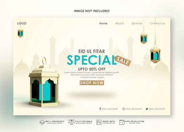 PSD realistische eid landing page und verkaufsfahne mit 3d-mond