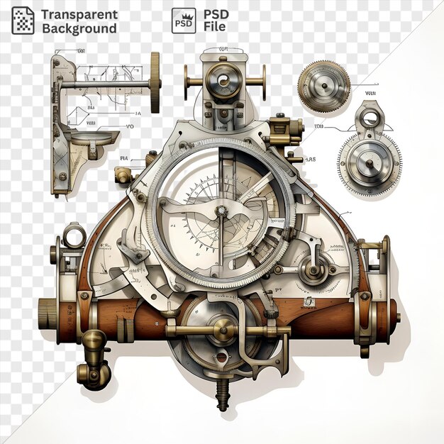 Realistische fotografische navigatoren sextant angezeigt auf einer weißen wand begleitet von einer weißen uhr