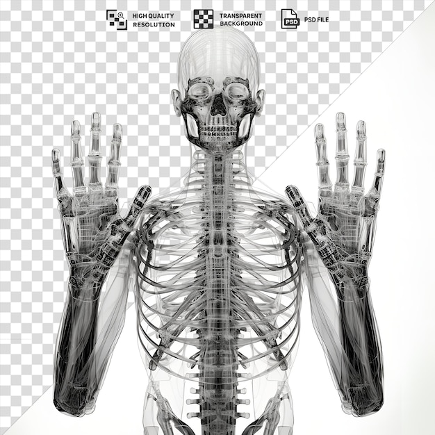 Realistische fotografische röntgenfilme eines menschlichen skeletts mit einem großen schädel und einer hand