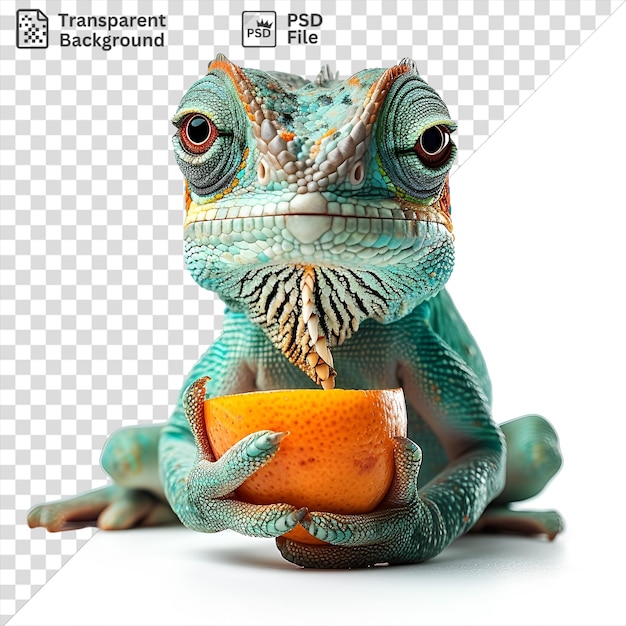 Realistische fotografische zoologen wildtierforschung mit einem blauen frosch und einer orange mit einem auffallenden schwarzen auge im vordergrund