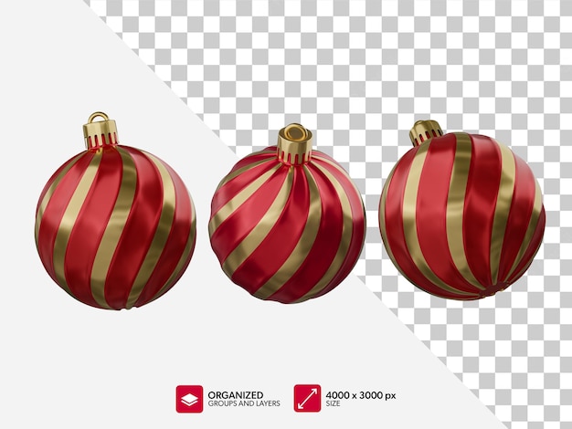 Realistische gestreifte rote und goldene Weihnachtskugeln 3D-Rendering
