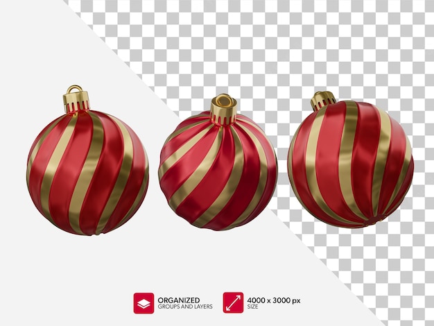 PSD realistische gestreifte rote und goldene weihnachtskugeln 3d-rendering