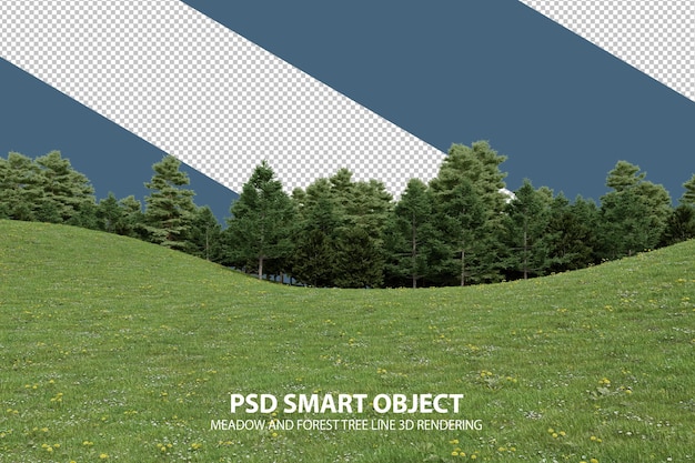 Realistische Grashügel- und Waldbaumlinie 3D-Darstellung eines isolierten PSD-Smart-Objekts